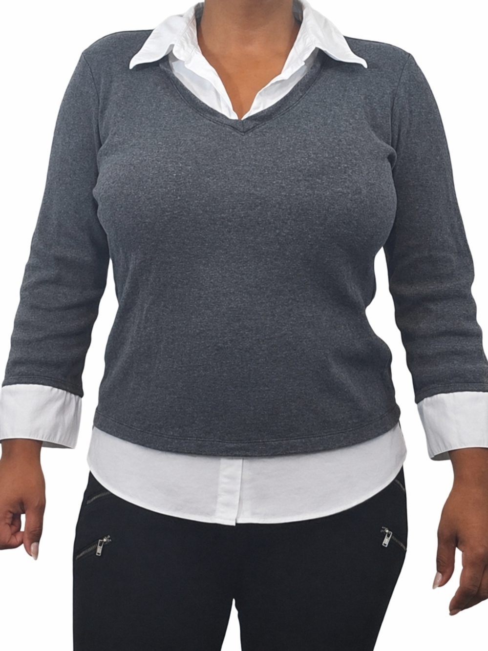 Karen Scott Women's V-Neck Layered Sweater in Charcoal
